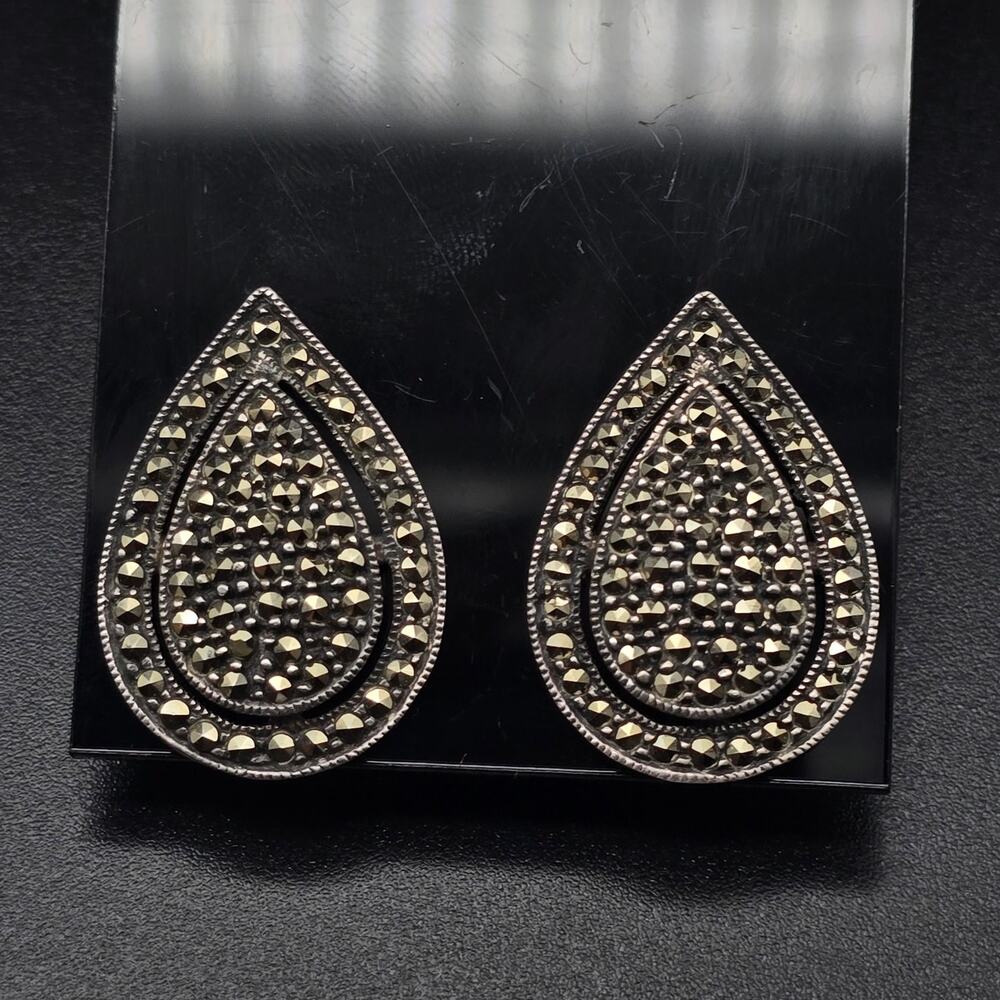 Judith Jack Sterling Silver Marcasite Tear Drop Clip On Earrings Vintage Jewelry
